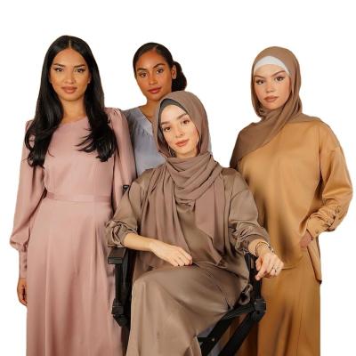 China Modest Fashion Wholesale Breathable Two-Pieces Muslim Eid Abaya Sets Satin Top Pants Islamic Clothing for sale