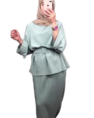 China Wayward Commuter Eid Ramadan Two Piece Set Matching Outfit Muslim Women Fashion Tops Skirt Suit Islam Dubai Turkey Belted Dress Pleated Clothing for sale