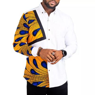 China Sustainable Tangerine Collar African Printed Long Sleeve Button Up Dress Design Shirt For Men for sale