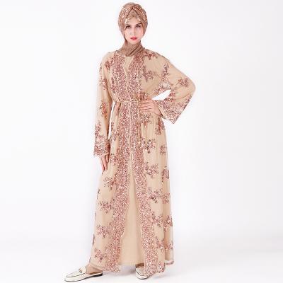 China Luxurious Lace Sequin Abaya Two Piece Set Seamless Embroidered Muslim Dress Polyester Women Muslim Kaftan Overblouse for sale