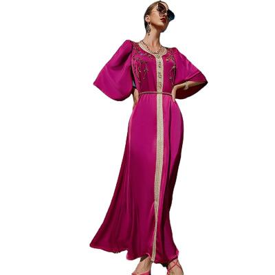 China Breathable Rose Red Dubai Arabian Evening Dress Beaded Long Sleeve Kaftan Satin Moroccan Muslim Evening Dress for sale