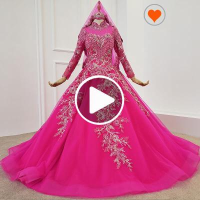 China Jancember HTL1268 Anti-Static Wedding Dress Pink Muslim Long Sleeve Wedding Dress High Neck Wedding Dress for sale