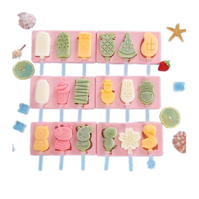 China Viable 3 Cavities Cute Cartoon Design Pink Silicone Trays Popsicle Mold Popsicle Maker Popsicle Molds With Lids For Kids for sale