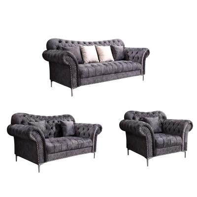 China Interesting Traditional Sofa Bed Chesterfield Velvet Fabric Sofa Set 321 Living Room Furniture Classic Gray for sale