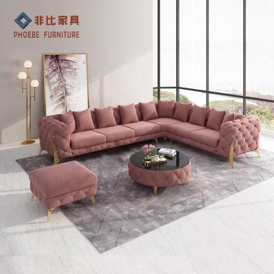 China Modular L Shape Pink Chesterfield Velvet Reclining Couches With Coffee Table And Foot Stool for sale