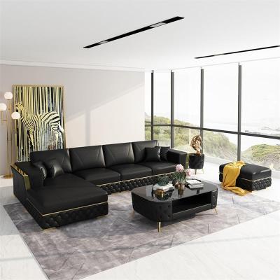 China Modular Italian Genuine Leather Chesterfield Black And Gold Couch Sofa Set With Wood Trim for sale