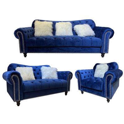 China Classic Sofa Bed Chesterfield Living Room Tufted Blue Velvet Sofa Set Sectional Furniture for sale