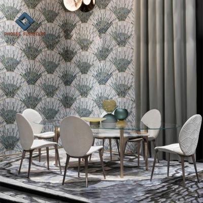 China Modern Postmodernism Style Tempered Glass Top Dining Table With 4 Color Legs And Brass Fan Patterns Dining Chair Set for sale