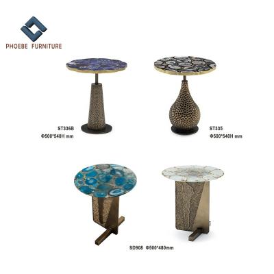 China Natural Natural Black Agate Side Table Blue Agate Marble Slab With Copper Alloy Luxury Thickened Brass Base for sale