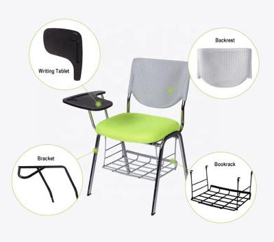 China Foldable fabric padded plastic back tablet armchair with detachable under seat bookrack for sale