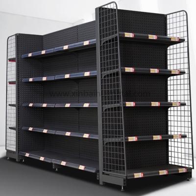 China 5 Layers Black Supermarket Shelf Single Side Miniso Supermarket Shelves Show Retail Display Rack With Wire Net Bilateral Supermarket Display Stand For Shopping Mall for sale