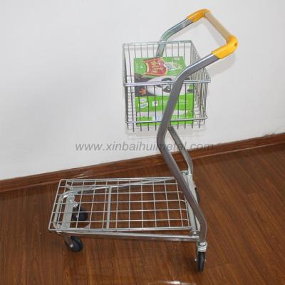 China Unveiling Metal Double Decker Shopping Cart Fruit Trolley Grocery Mall Supermarket Shopping Trolley for sale