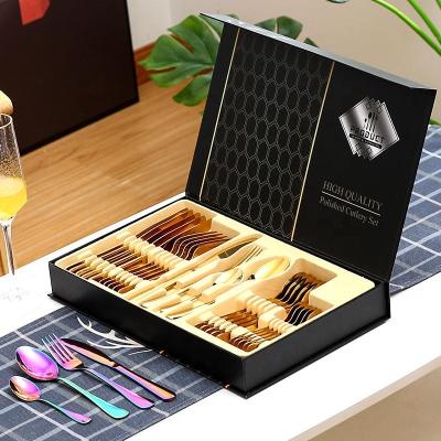 China Factory Sustainable LOGO Custom Silverware Cutlery Set Mirror Polished 24 Piece Gold Stainless Steel Cutlery Set With Gift Box for sale