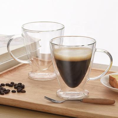 China Viable Handmade 300ml Gift Insulated Clear Layer Coffee Mug Borosilicate Glass Double Wall Coffee Mugs With Handle for sale