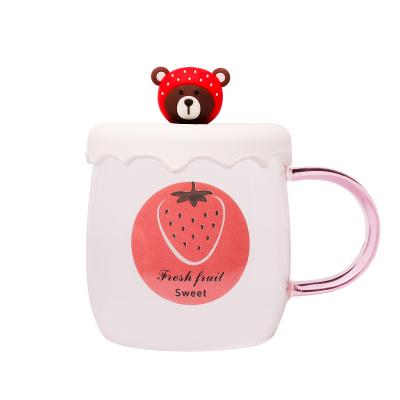 China 401-500ml Western High Quality Clear Glass Cups In Round Shapes Cute Bear Strawberry Cartoon Bottle For Coffee And Juice Water for sale