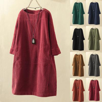 China Breathable Breathable In Hot Sale Autumn Korea Design Women's Corduroy Dress O-neck Solid Color Print Half-sleeve Loose Fashion Dress for sale