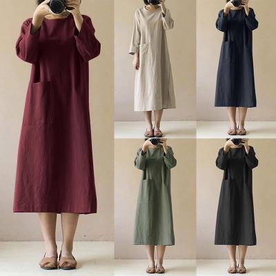 China 2021 Wholesale Women's Anti-Static Plus Size Cotton And Linen Dress With Long Sleeve Solid Color Midi Length Casual Dress for sale