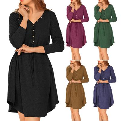 China 2021 Autumn Women Wholesale Long Sleeve V-Neck Waist Drawstring Solid Color Dress Spring Knee Length Causal Breathable Button Breathable for sale