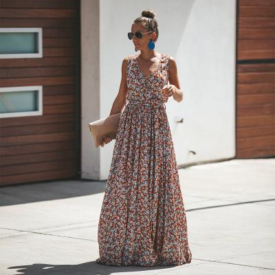 China 2021 New Ladies Fashion Women's Wholesale Anti-static V-Neck Floral Print Lace Bohemian Sleeveless Beach V-Neck Long Maxi Casual Dress Summer for sale