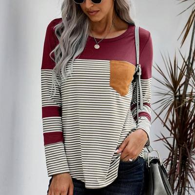 China New Fashion Anti-Wrinkle Anti-Wrinkle Women Spring Stripe Color Long Sleeve T-shirt Stitching Slim Women for sale