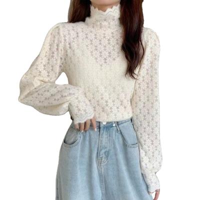 China 2022 Autumn Winter Women Stand High Collar Puff Sleeve Lace Soft Sanding Anti-Wrinkle Bottoming Full Sweater Shirt Casual T-shir for sale