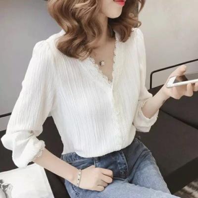 China Korean Design Women's Autumn Korean Design Women Lace V-Neck Blouse Plus Size Long Sleeve Solid Color Loose Fashion Based Tops Casual Shirt for sale