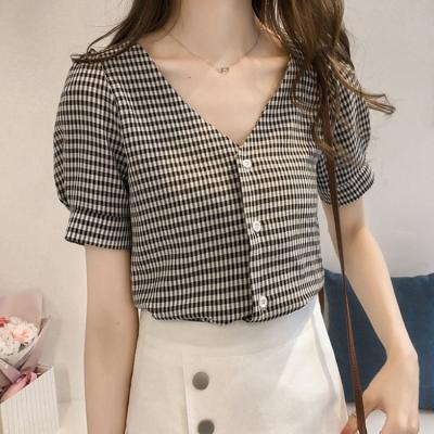 China 2022 Summer Korean Women's Summer Plaid Sleeve Slim Grid Shirt Women's Soft Short V-Neck T-Shirt Button Tops Casual Shirt for sale