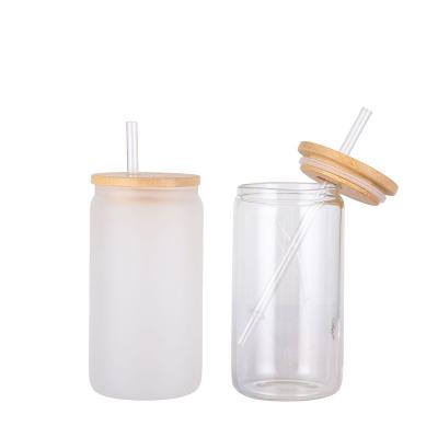 China Sustainable Use US Warehouse Sublimation Glass Can 12oz 16oz Iced Coffee Soda Shaped Coke Glass Beer Can With Bamboo Lid for sale