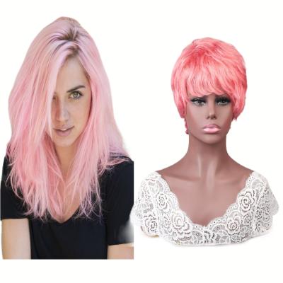 China Natural Wave Customized Wave 100% Brazilian Remy Hair Dark Brown Swiss Lace Hot Selling Pixie Cut Machine Made Human Hair Pink Natural Wig 100% for sale