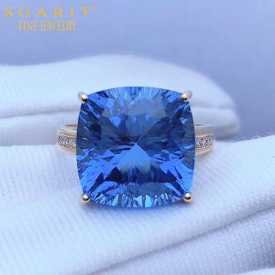 China Big Jewelry 18k Gold Women Natural Blue Topaz Stone Ring TRENDY Simple Stone Pattern Jewelry 8.75ct SGARIT Stone Ring for sale