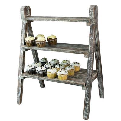 China Environmental Friendly Shop Retail Removable Rustic Torched Wooden Bread 3-Tier Food Display Stand for sale