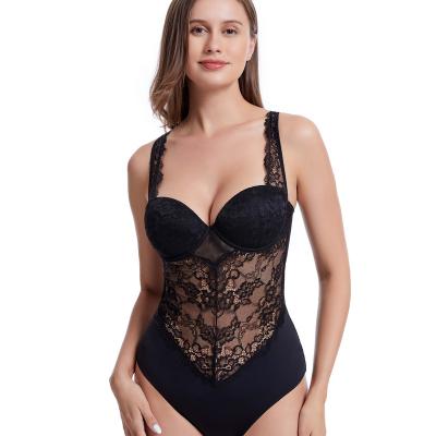 China CHALET Black Breathable Bodysuit Lingerie Plus Size Bodysuit Shapewear Breathable Abdominal Sexy Lace Sheer Shapewear For Women for sale