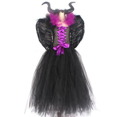 China Anti-wrinkle maleficent black dress Halloween costume witch queen girls gothic dark tutu dress with feather cape shawl for sale