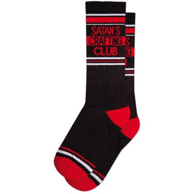 China Black Red Christmas Satans Logo 100% Custom Made High Quality QUICK DRY Cotton Mens Opening Crew Rib Club Socks for sale