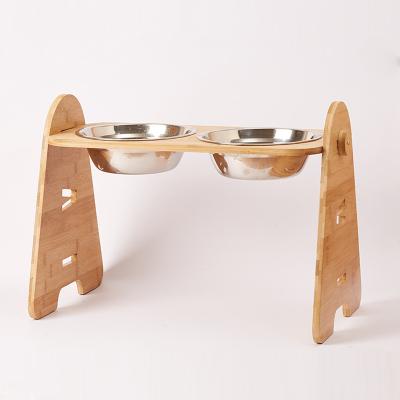 China Automatic Middle Mouth Slant Neck and Large Adjustable Dog Bowl Stainless Steel Dog Bowl Frame Double Bamboo Wooden Frame for sale