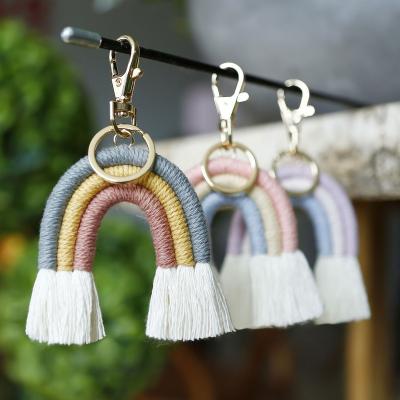 China Plush Macrame Rainbow Weaving Keychains For Women Boho Macrame Rainbow Keychain Handmade Keychain Bag Charm Girly Keychains for sale