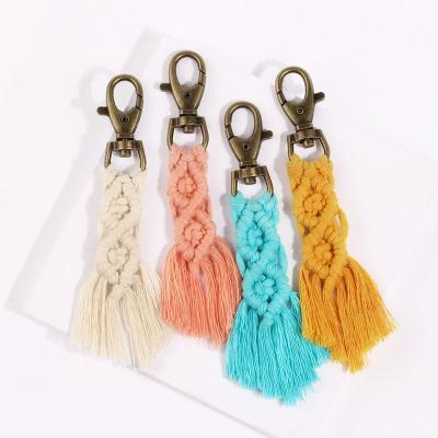 China Leather Yarn Weave Boho Macrame Key Chain Tassel Handcrafted Boho Bag Macrame Keychains For Car Key Holder Unique Wedding Gift for sale