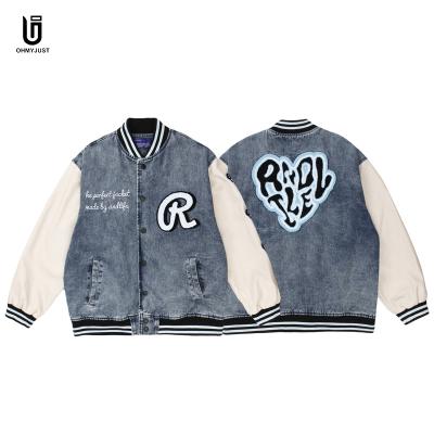 China Viable in the Running Chenille Logo Long Sleeve Plus Size Retro Hip Hop Washed College Contrast Bomber Winter Coat Jacket for sale