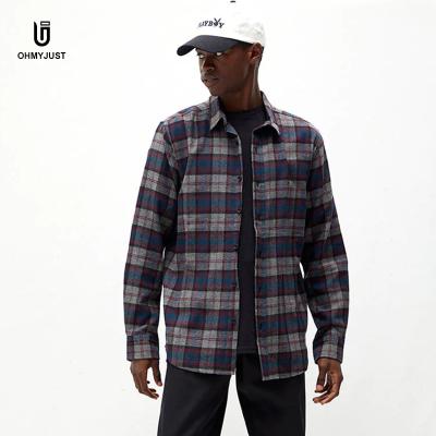 China Men's Streetwear 100% Breathable High Quality Custom Canvas Cotton Fitted Long Sleeve Casual Long Button Black Plaid Shirts for sale