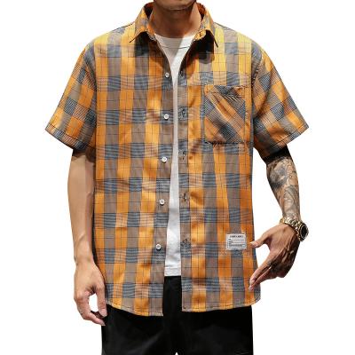 China Retro Fashion Street Style Mens Plaid Button Up Cardigan Shirt Lapel Short Sleeve Shirt for sale