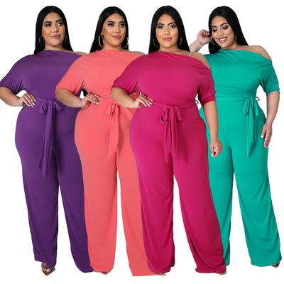 China (RTS 0.65) AP7016 anti-static plus size fashionable plus size women's solid color strappy shoulder flared jumpsuit for women for sale