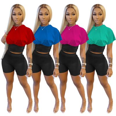 China (Women 0.26) A5259 American Breathable Two Tone Patchwork Summer Two Piece Ladies 2 Piece Short Set for sale