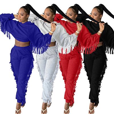 China Two Piece Pants Set Jogger (New Design 0.5) M2935 Breathable Long Sleeve Hoodie Set Women Sweatsuit With Tassel for sale