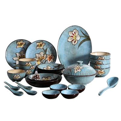 China Japanese and Korean Hand Painted Household Tableware Set Japanese and Korean Style Ceramic Rice Bowl Meal Splint Viable Ceramic Tableware Set for sale