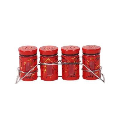 China Freshness preservation samples, red marble glass spice jars, four piece sets with shelves and seasoning jars are available for sale