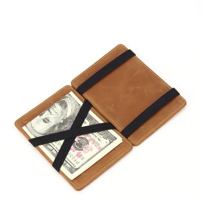 China Custom Genuine Leather Slim Genuine Leather Portable Brown Bifold Thin RFID Card Holder Magic Wallet For Men for sale