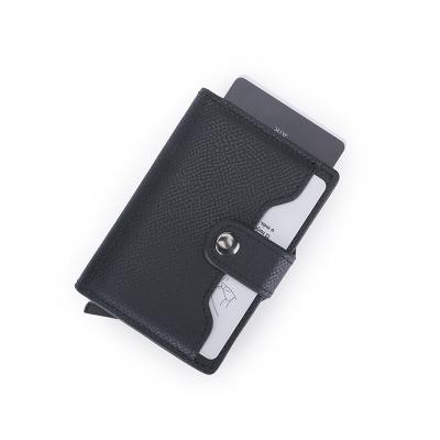 China Custom Leather RFID Credit Card Aluminum Holder Automatic Pop Up Metal Wallet for sale