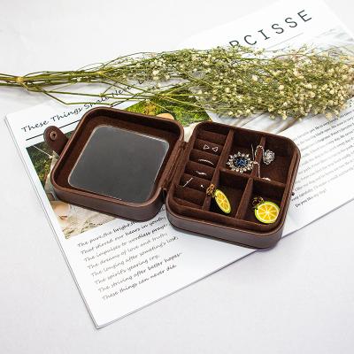 China Square handcraft warm small square brown velvet simple PU leather box travel jewellry case with mirror for sale