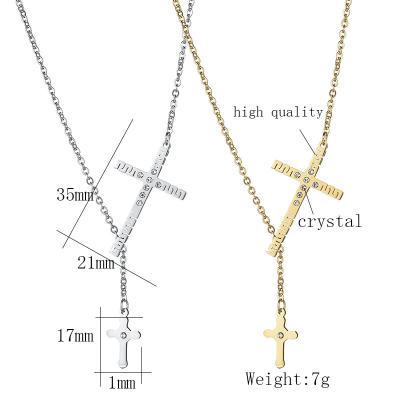 China Religious Style Gold Stainless Steel Cross Y Pendant Necklace Crystal Statement Necklace for sale