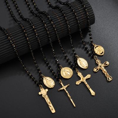 China CLASSIC 18k Gold Stainless Steel Rosary Beads Jesus Christ Cross Pendant Necklace Jewelry for sale